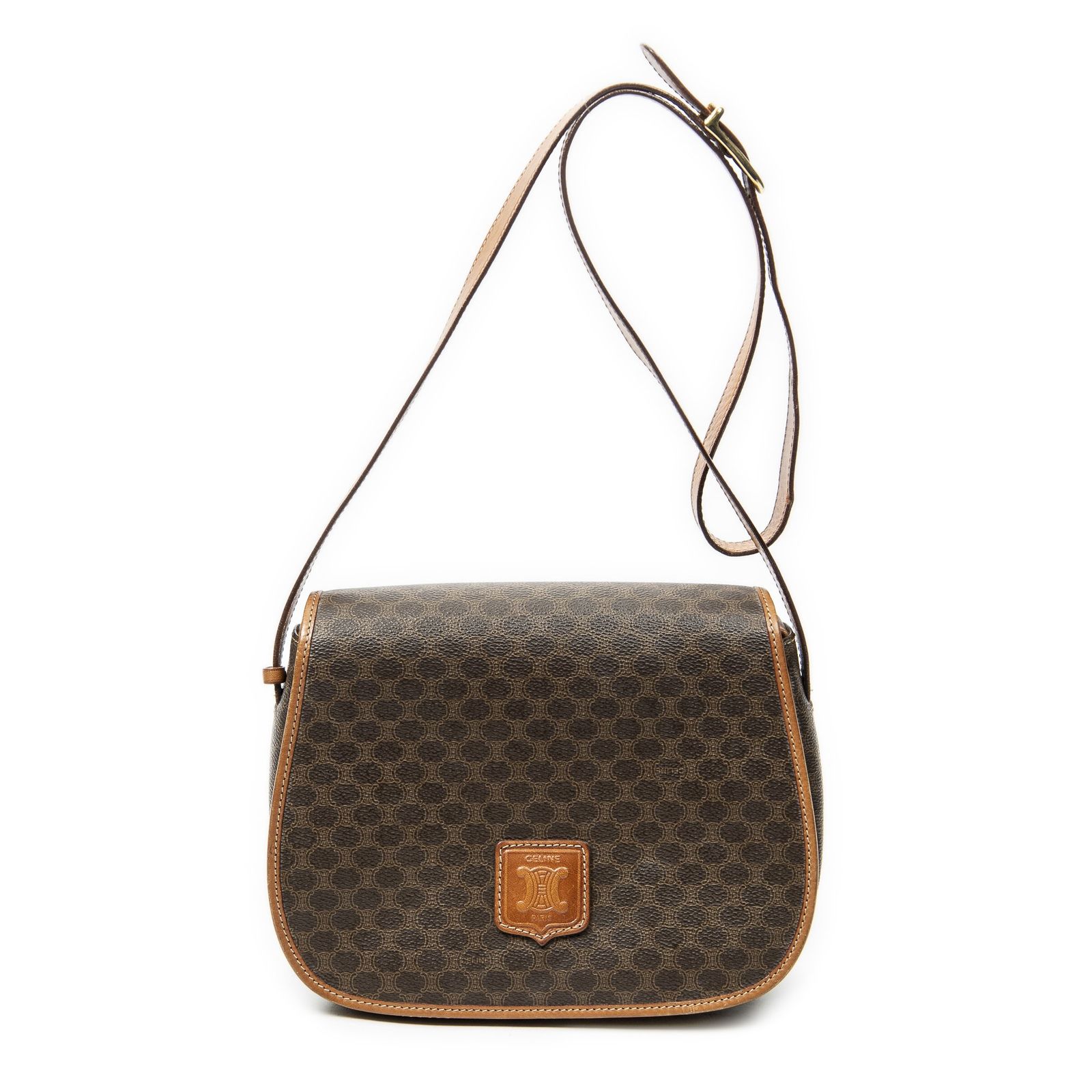 [中古] CELINE セリーヌヴィンテージ フラップ クロスボディ茶色マカダムPVCキャンバスA