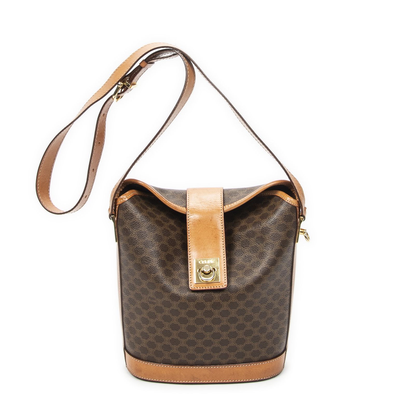[中古] CELINE セリーヌヴィンテージ バケット クロスボディ茶色マカダムPVCキャンバスAB