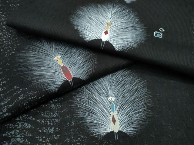 平和屋着物∴夏物　浴衣　孔雀文　黒地　綿　逸品　CABH1371ng