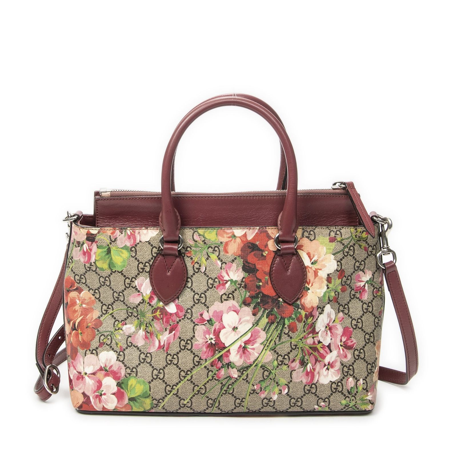 [中古] GUCCI グッチジップトートベージュ/レッドブルームズ スプリーム PVCキャンバスA