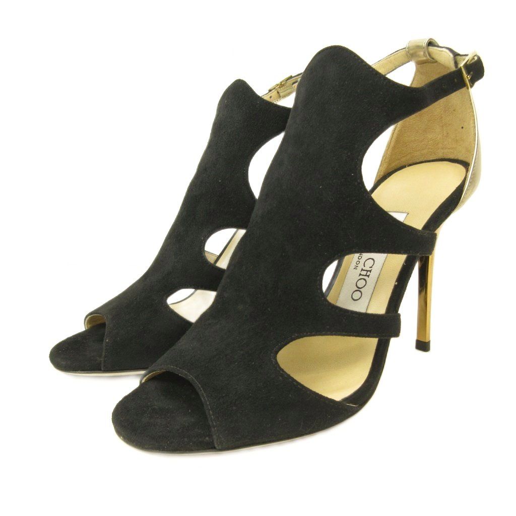 ジミーチュウ JIMMY CHOO サンダル シューズ ハイヒール スエード 34.5 21.5cm 黒 ブラック ゴールドカラー 0605