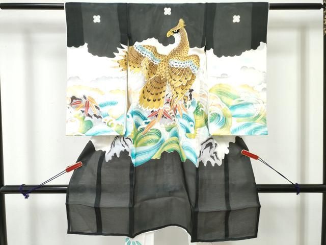 平和屋着物＊夏物　お宮参り　男の子　祝着　産着　初着　のしめ　絽　駒刺繍　鷹　鷲　立波笹文　暈し染め　銀彩　逸品　DABE7386ma