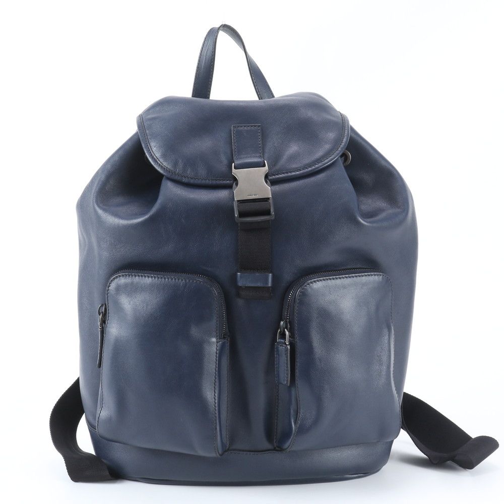 極美品 プラダ レザー リュックサック リュック バックパック ショルダー バッグ 本革 ネイビー 紺 A4 メンズ WBM ED41-5【中古】