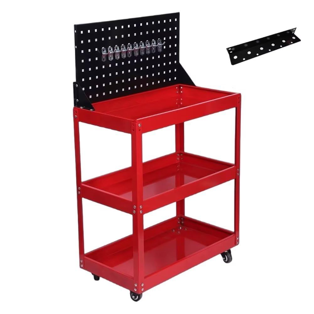 ツールワゴン ツールカート 工具ワゴン 工具カート 3段 ドライバーホルダー キャスター付 耐荷重165KG メッシュパネル付 ハンドル付 360度回転 移動 DIY ガレージ 工具台車 工具収納 レッドts 0cda391a
