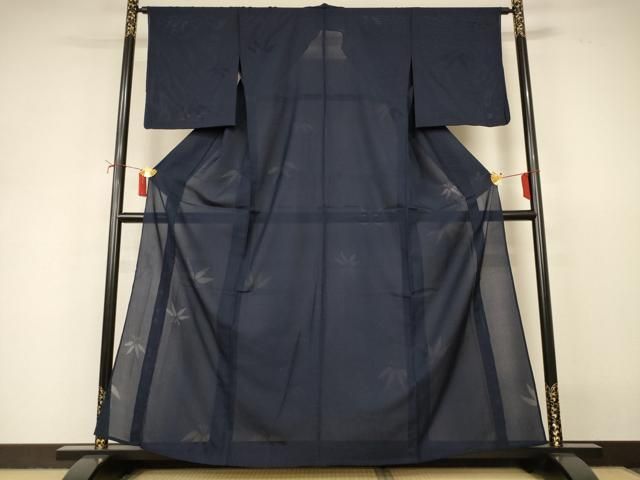 平和屋着物＊夏物　色無地　縦絽　笹紋紗　藍鉄色　正絹　逸品　AABI9933jd