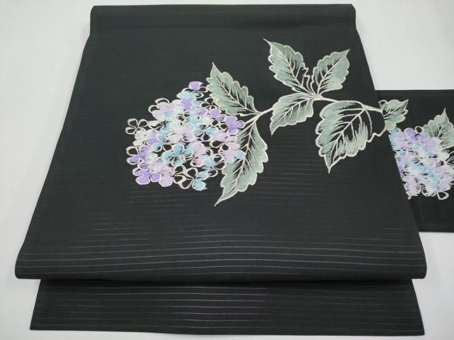 平和屋着物＊夏物　絽塩瀬　九寸名古屋帯　総刺繍　紫陽花　黒地　銀糸　正絹　逸品　CABG3539tx