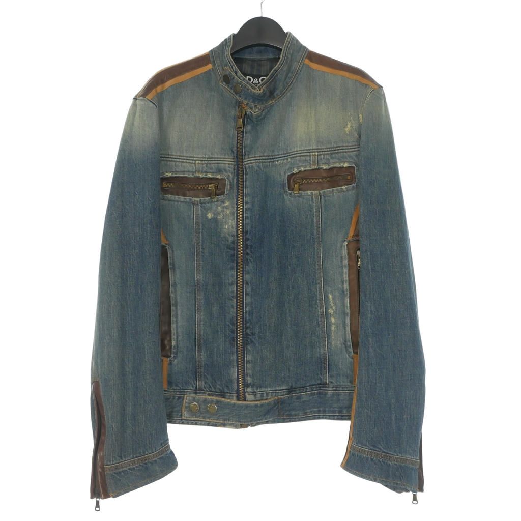 ディー&ジー ドルガバ ドルチェ&ガッバーナ D&G 05AW レザーパイピング デニムジャケット ブルゾン 長袖 46 インディゴ/ブラウン 国内正規