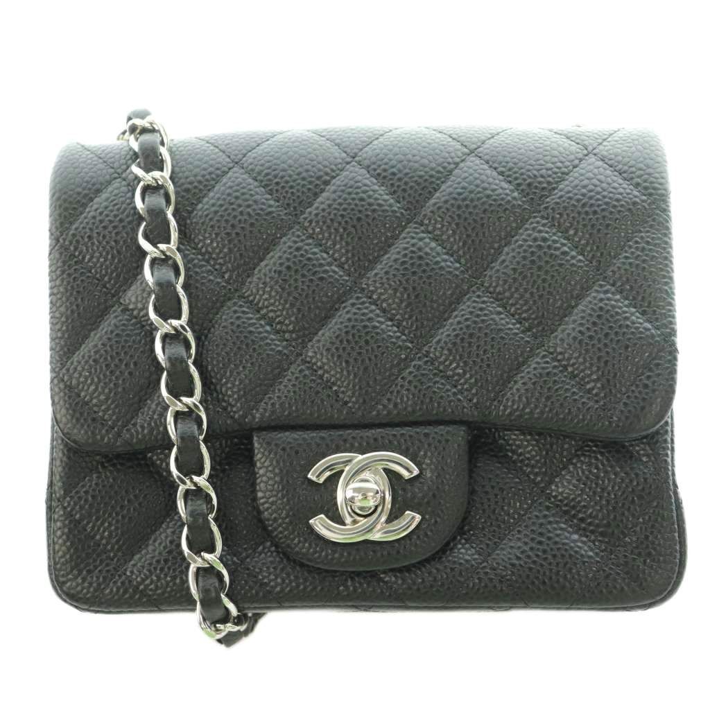 シャネル CHANEL ミニマトラッセ17 キャビアスキン シングルフラップ チェーン ラムスキン ショルダーバッグ ココマーク ロゴ 黒 ブラック シルバーカラー A35200 /BB ■OH