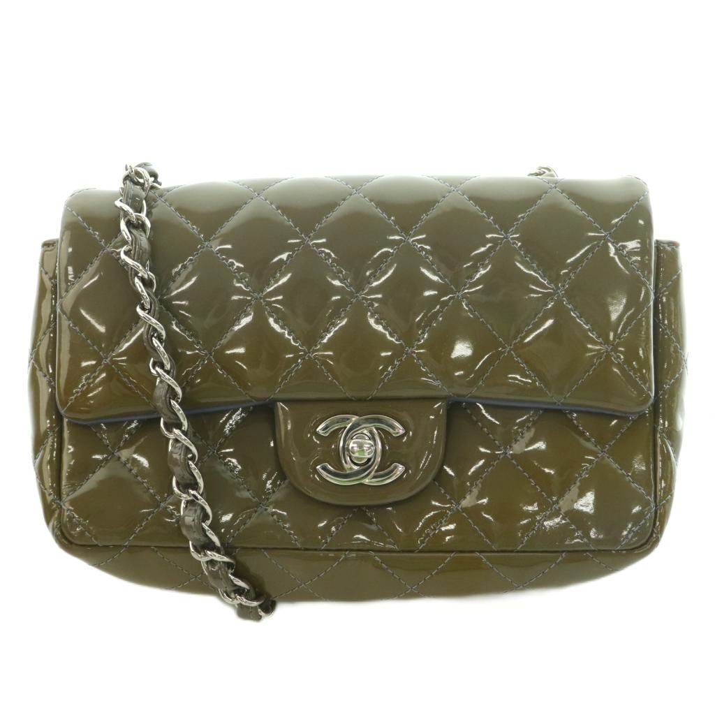 シャネル CHANEL ミニマトラッセ パテントレザー チェーンショルダーバッグ ココマーク ロゴ バイカラー カーキ シルバーカラー /BB ■OH ■SH