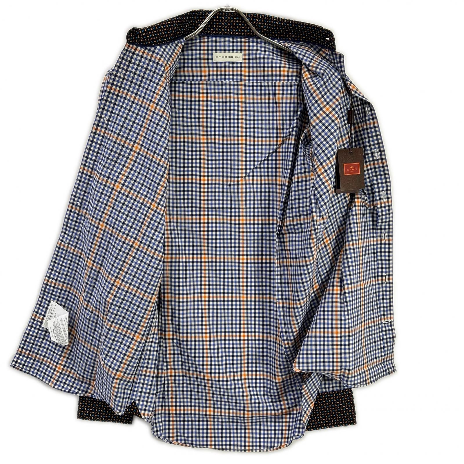 ETRO エトロ ブルー ペイズリーカラー チェック柄 ロングスリーブ ボタンシャツ 38 ETRO エトロ ブルー ペイズリーカラー チェック柄 ロングスリーブ