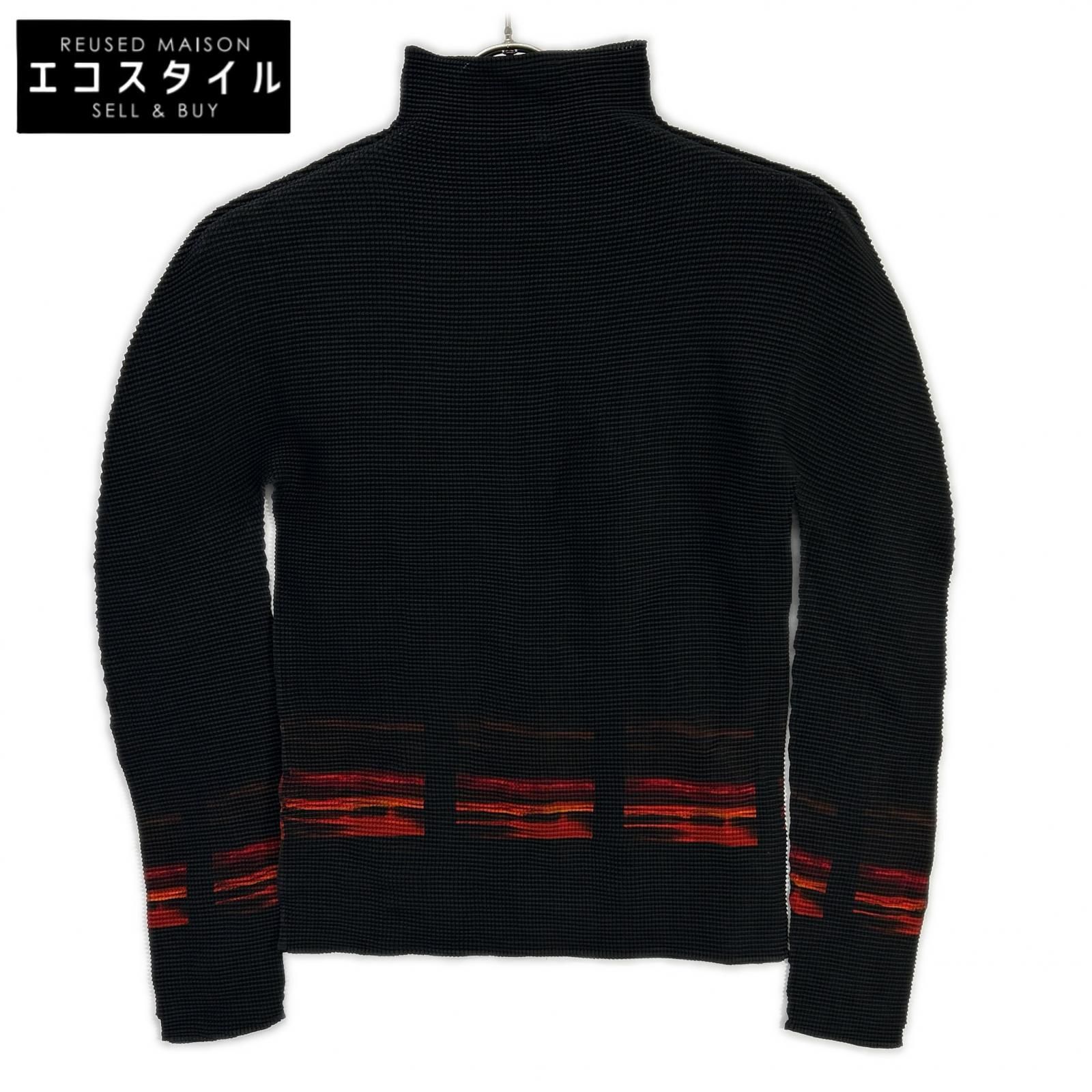 MeISSEYMIYAKE　ミーイッセイミヤケ　MI33-FJ421 ブラック×レッド モックネック長袖カットソー