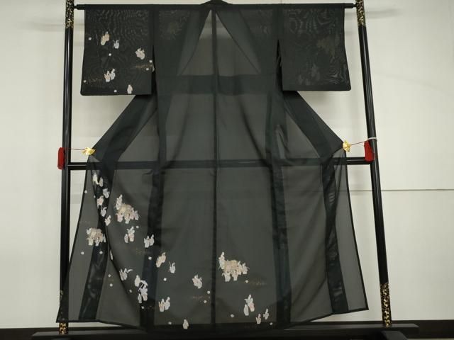 平和屋着物＊夏物　訪問着　絽　御所車人物風景文　黒地　金彩　洗える着物　AABI9780cs