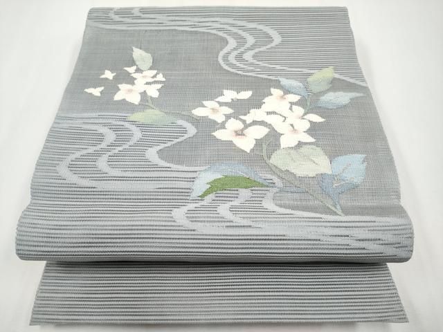 平和屋着物＊夏物　八寸名古屋帯　絽綴れ　流水枝花文　銀糸　正絹　逸品　CABG3504tx
