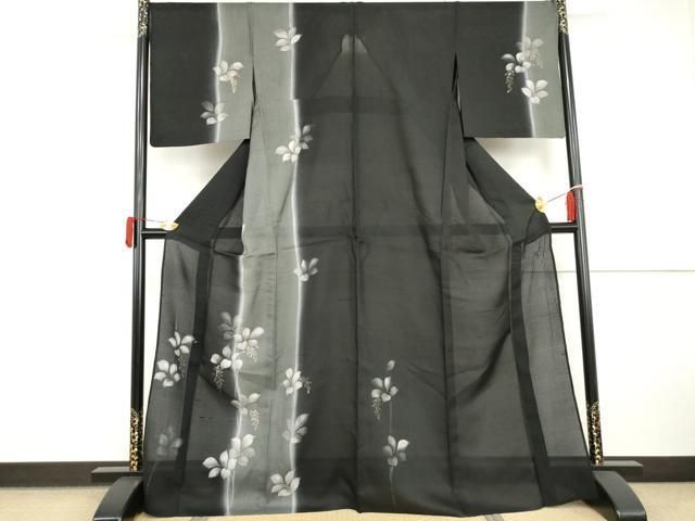 平和屋着物＊夏物　訪問着　紗紬　枝葉文　黒地　金彩　正絹　逸品　AABI9822cs