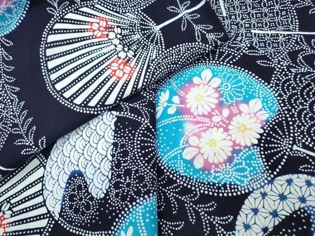 平和屋着物∴夏物　浴衣　注染　手縫い　団扇吉祥花文　日本製　綿　逸品　CABH1225ng