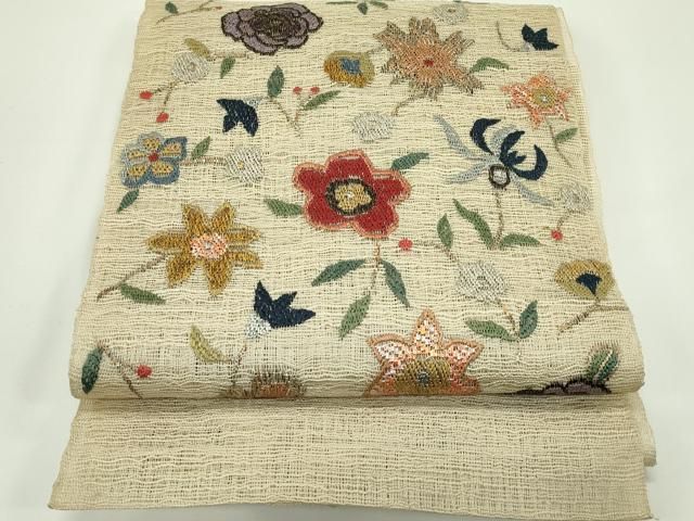 平和屋着物＊夏物　八寸名古屋帯　絽刺し　区限刺繍　草花文　正絹　逸品　CABG7484rv