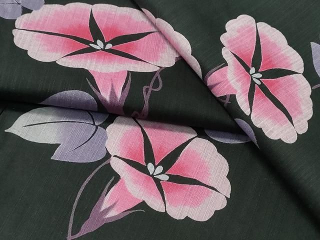平和屋着物∴夏物　浴衣　朝顔　黒地　綿　逸品　CABH1274ng