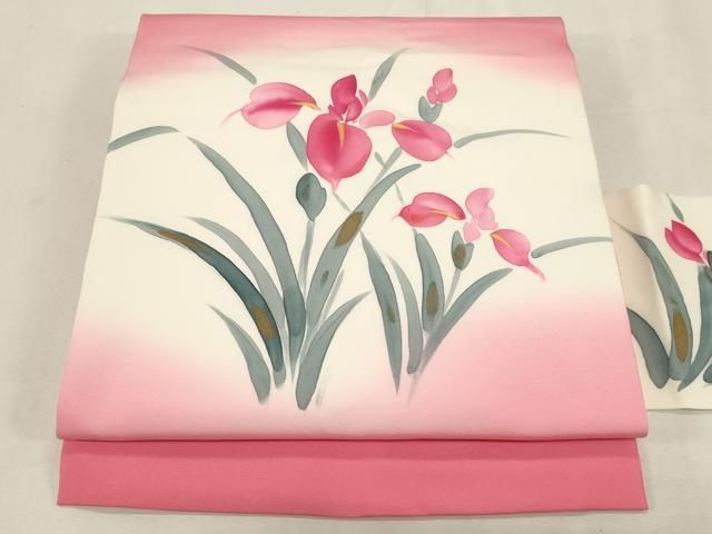 平和屋着物●塩瀬　九寸名古屋帯　手描き　アヤメ　金彩　正絹　逸品　CABG9233dy