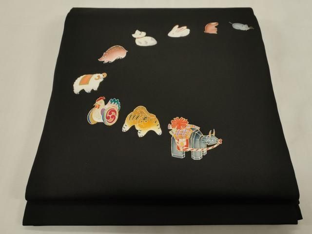 平和屋着物●塩瀬 九寸開き名古屋帯 駒刺繍 干支 黒地 金彩 正絹 逸品 CABG9235dy