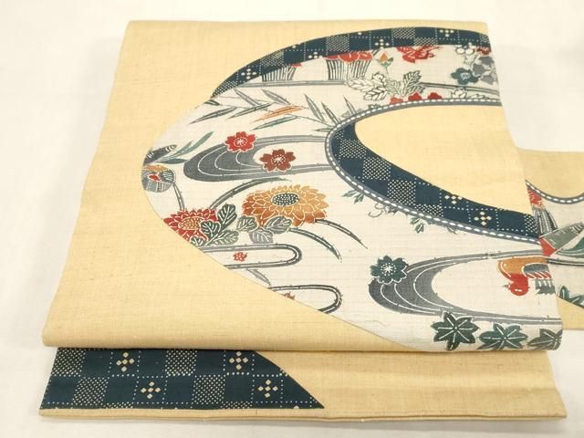 平和屋着物●九寸名古屋帯　紬地　切嵌流水花鳥文　正絹　逸品　CABG9236dy