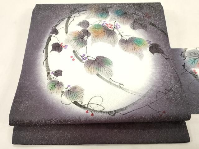 平和屋着物●九寸名古屋帯 手描き 蔦の葉文 銀通し地 正絹 逸品 CABG9242dy