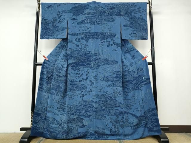 平和屋着物●訪問着　藍　風景草花文　鬼しぼ縮緬　正絹　逸品　CABG5531ut