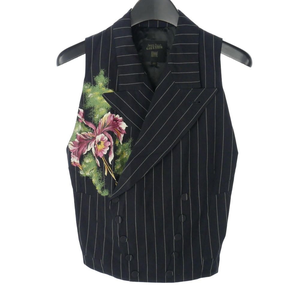 ジャンポールゴルチエ オム Jean Paul GAULTIER HOMME ベスト ジレ ストライプ プリント バックベルト 48 紺 ネイビー 黒 ブラック