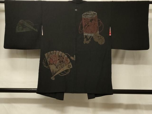 平和屋着物＃羽織　寿光織　檜扇貝桶花文　黒地　銀糸　正絹　逸品　CABG8061in