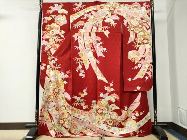 平和屋着物●豪華振袖　駒刺繍　鬘帯毬松竹梅花文　金彩　正絹　逸品　CABG0397yc