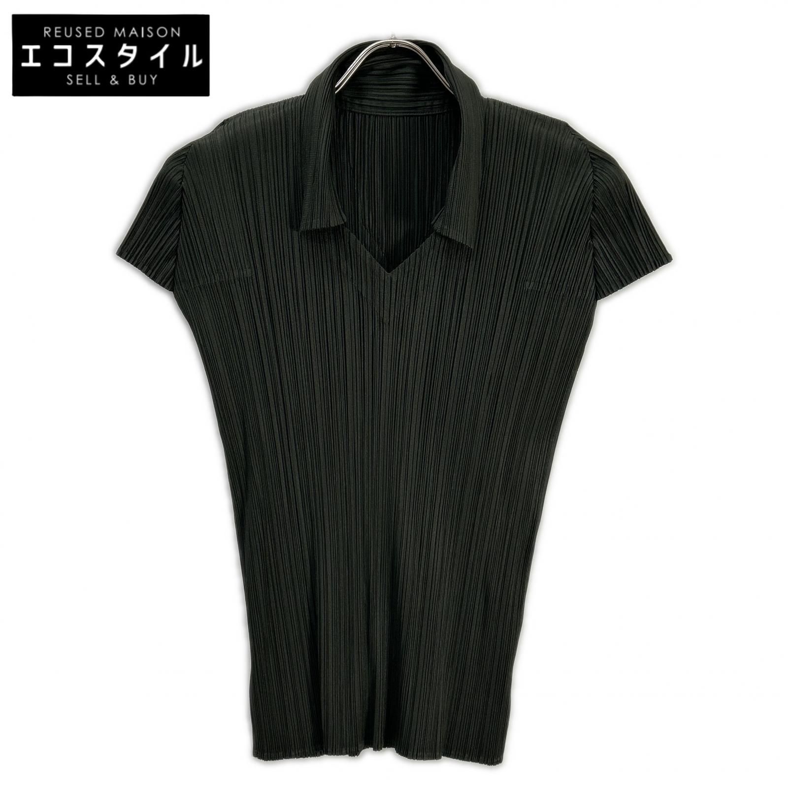 PLEATS PLEASE　プリーツプリーズ　PP33-JK149 チャコール 襟付きVネック半袖カットソー　4