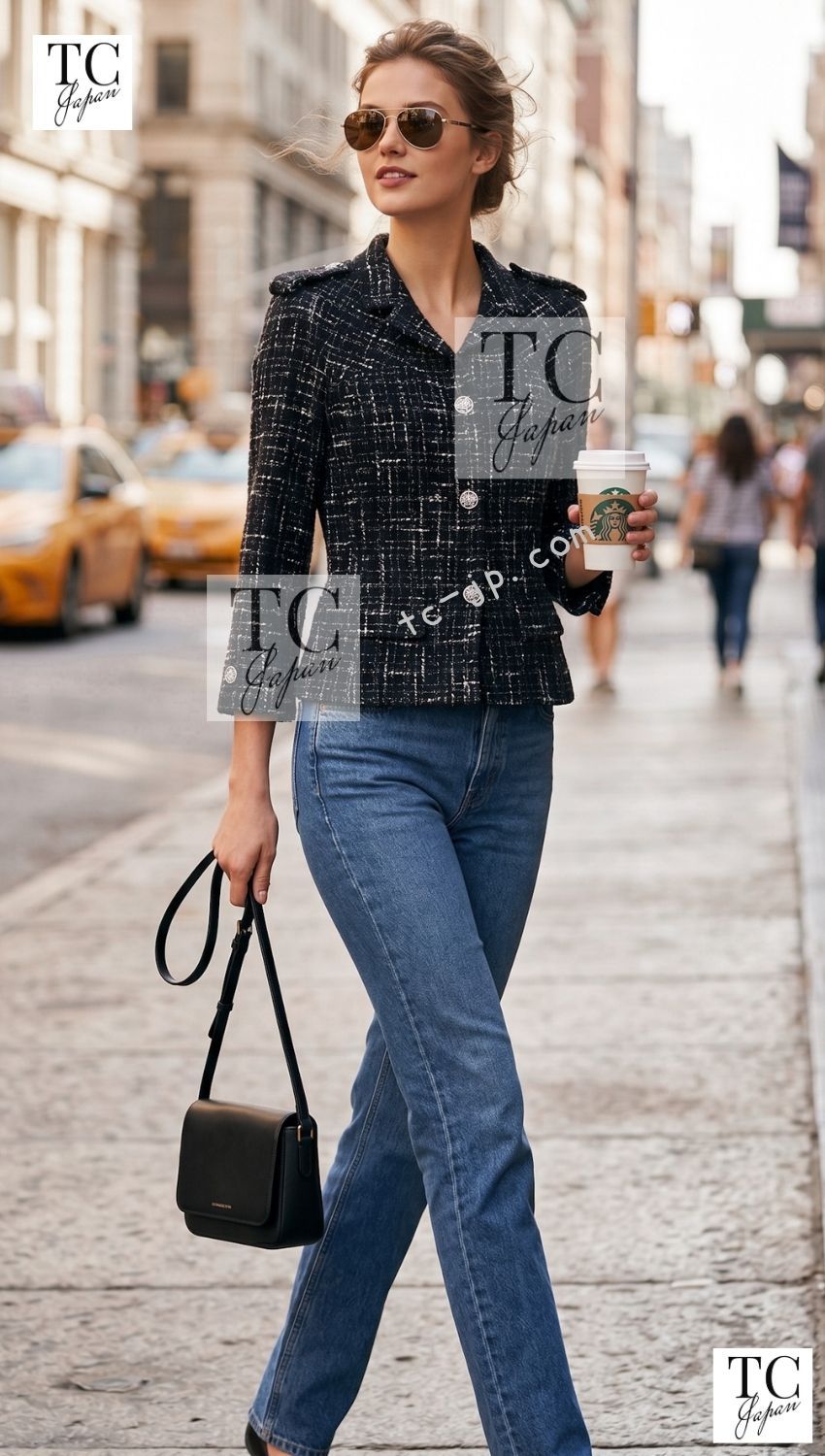 シャネル ジャケット CHANEL ブラック ブラウン ホワイト エポレット