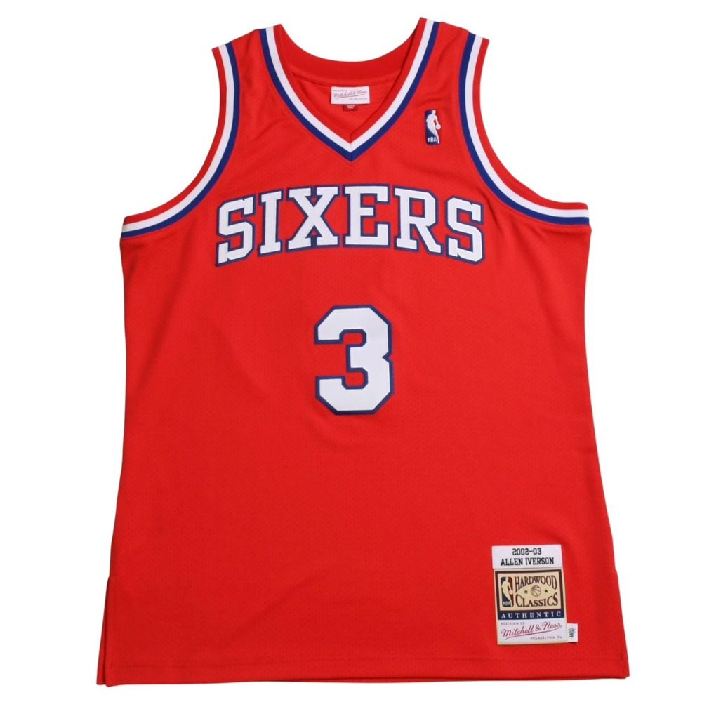 新品同様品 Mitchell&Ness ミッチェルアンドネス フィラデルフィアセブンティシクサーズ アレンアイバーソン 2002-03 レトロスウィングマンジャージ サイズL ブルー レッド ホワイト 中古 4a002277