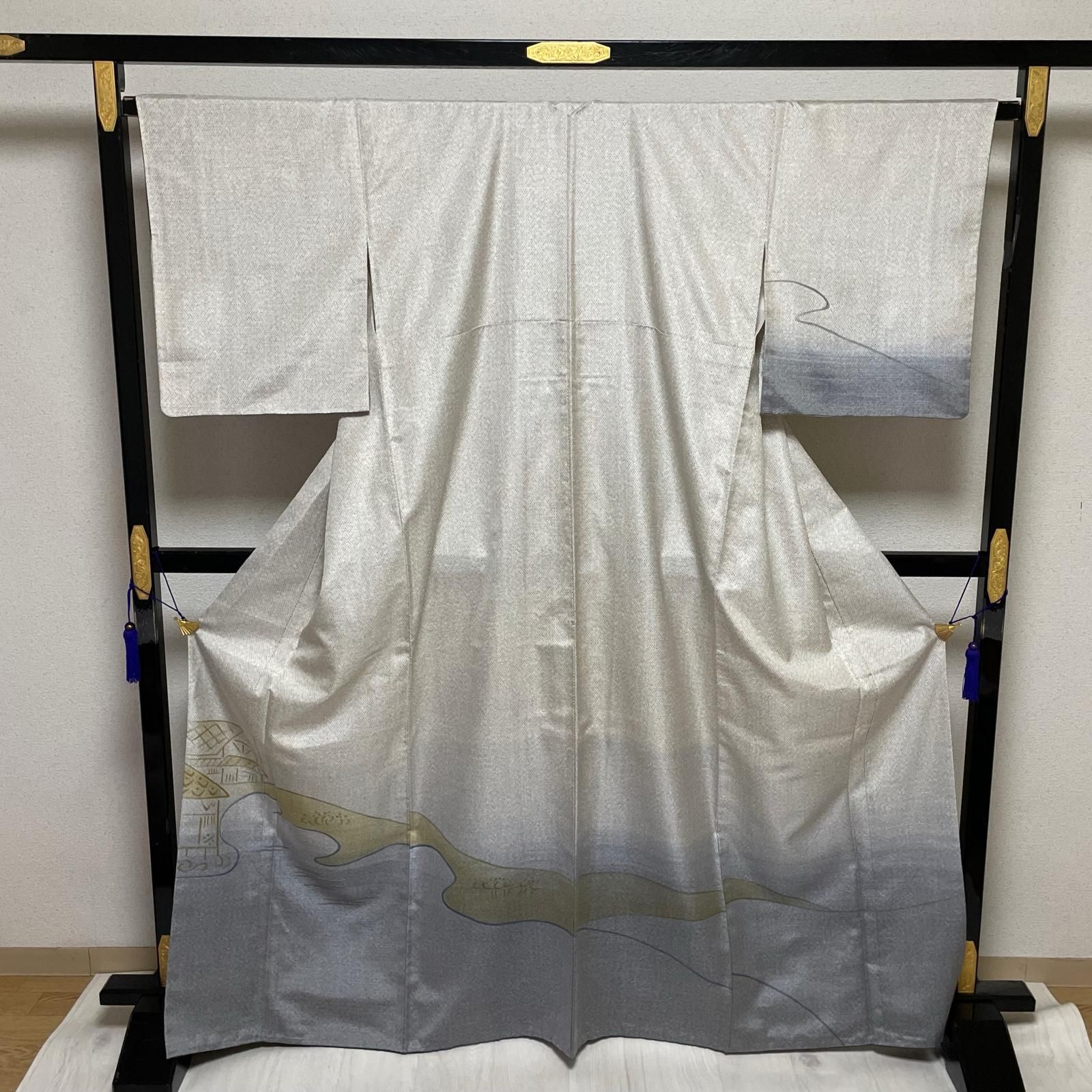 上質お召 付下げ 裄66 ゆったりサイズ 美しい染め 着物 正絹 X-3249