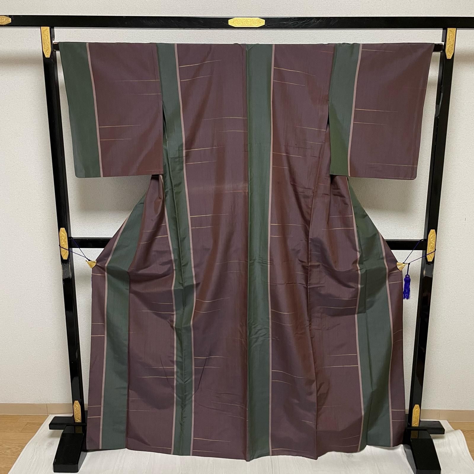 紬 上品な縞模様 着物 正絹 X-3257