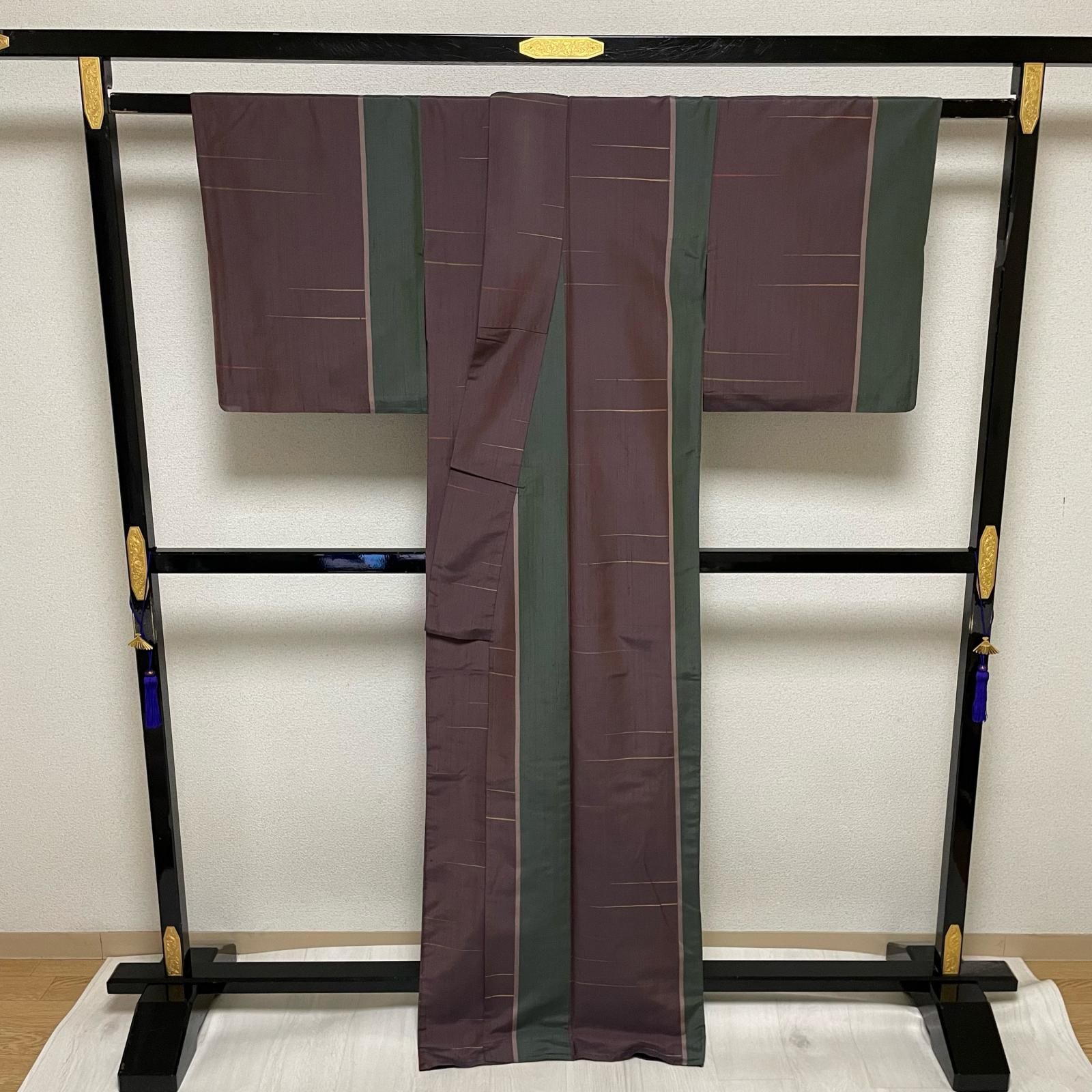 紬 上品な縞模様 着物 正絹 X-3257