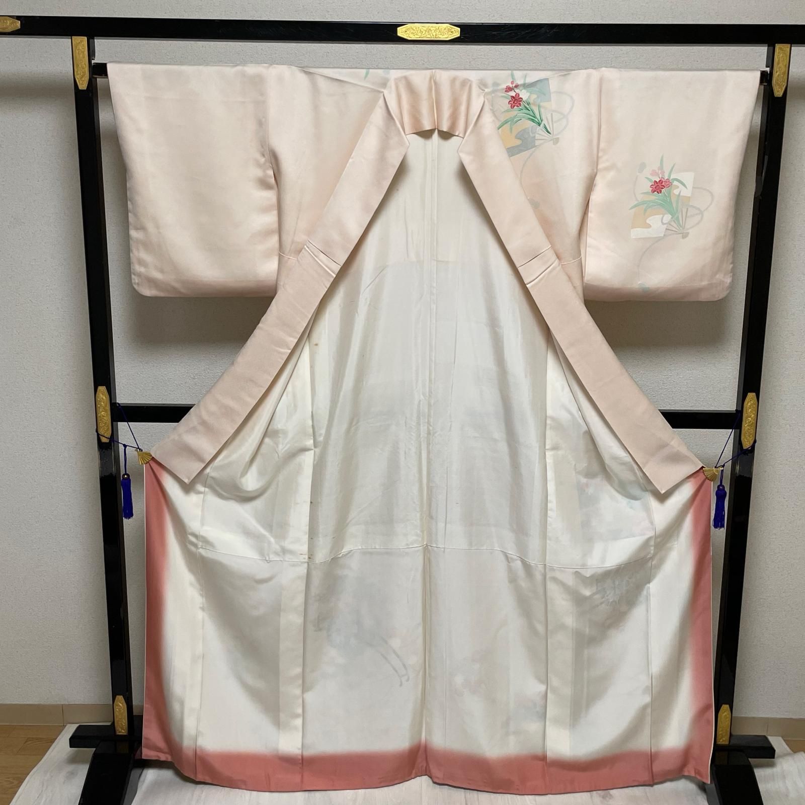 付下げ 御所車に花 扇模様 着物 正絹 X-3262 付下げ 御所車に花 扇模様 着物 正絹 X-3262