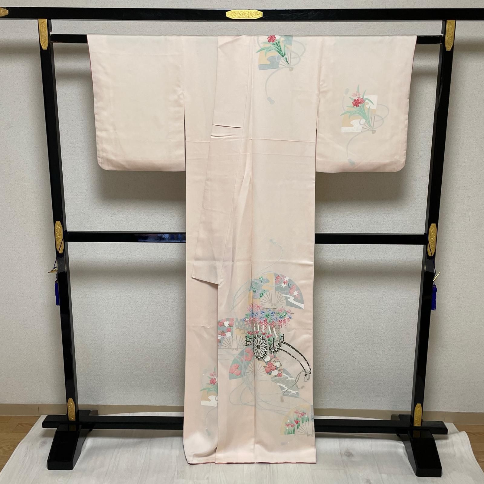 付下げ 御所車に花 扇模様 着物 正絹 X-3262 付下げ 御所車に花 扇模様 着物 正絹 X-3262