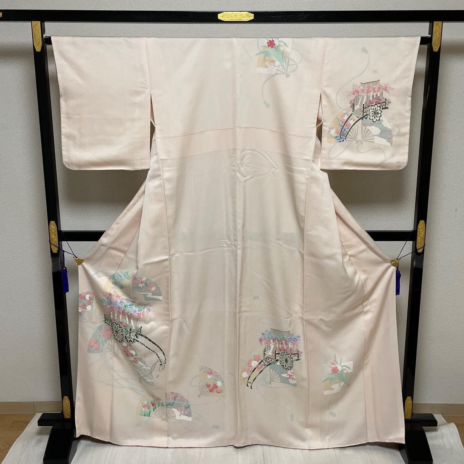 付下げ 御所車に花 扇模様 着物 正絹 X-3262 付下げ 御所車に花 扇模様 着物 正絹 X-3262