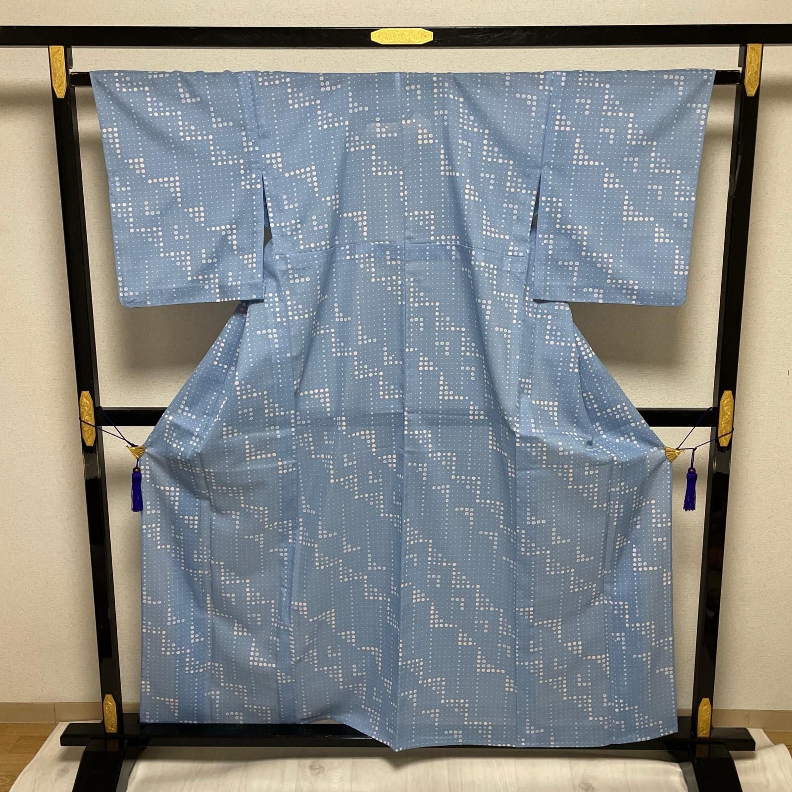 夏着物 絽織 可愛い染め 着物 化繊 X-3266