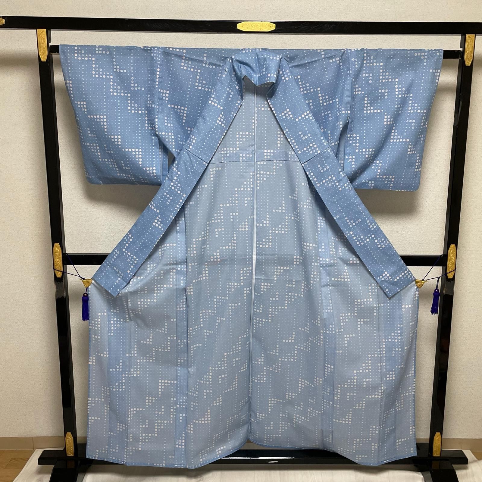 夏着物 絽織 可愛い染め 着物 化繊 X-3266