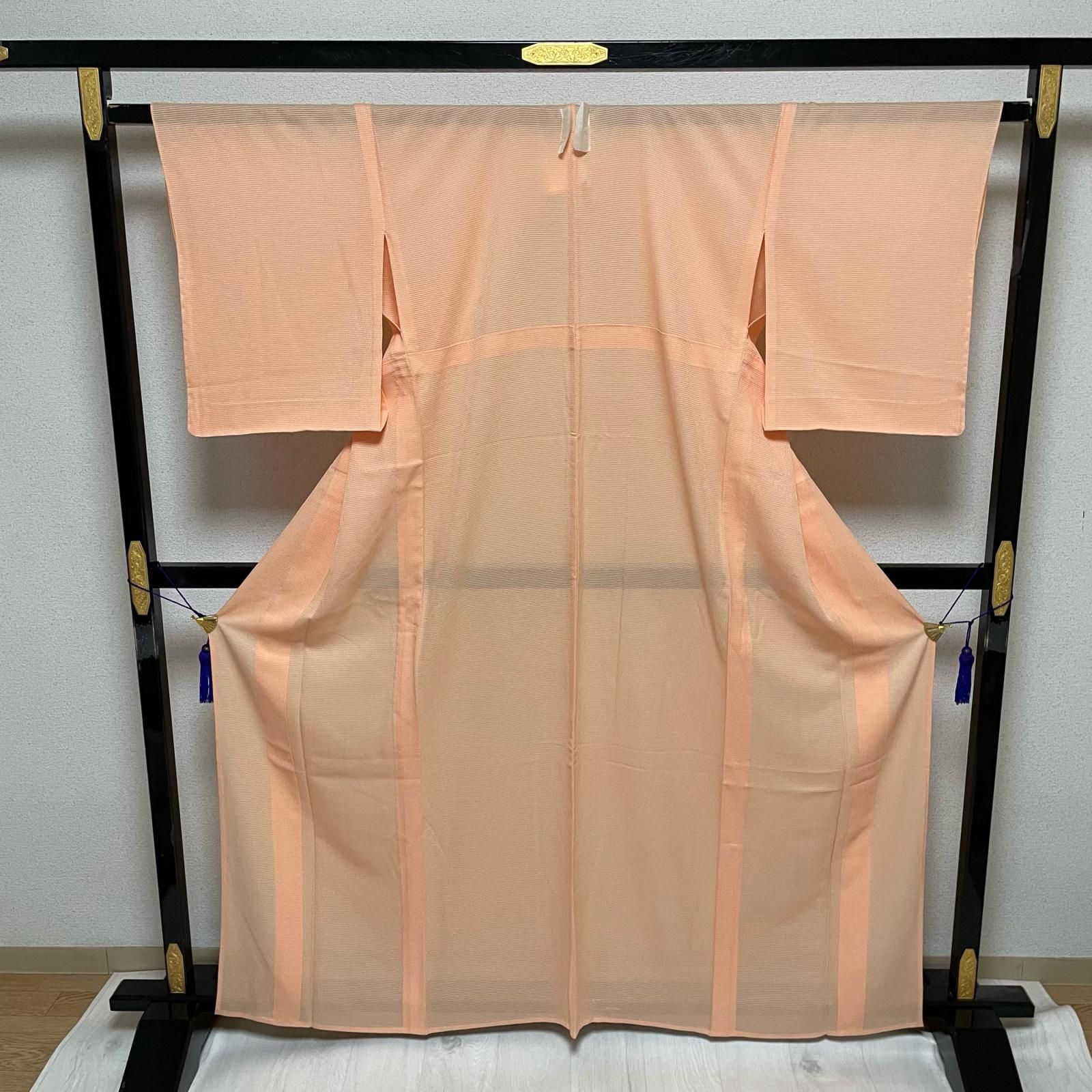 夏着物 絽ちりめん 色無地 可愛いオレンジ 着物 正絹 一つ紋 X-3267