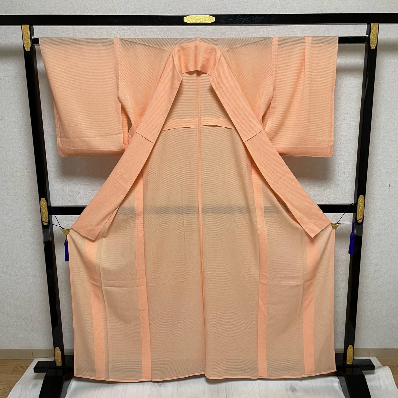 夏着物 絽ちりめん 色無地 可愛いオレンジ 着物 正絹 一つ紋 X-3267