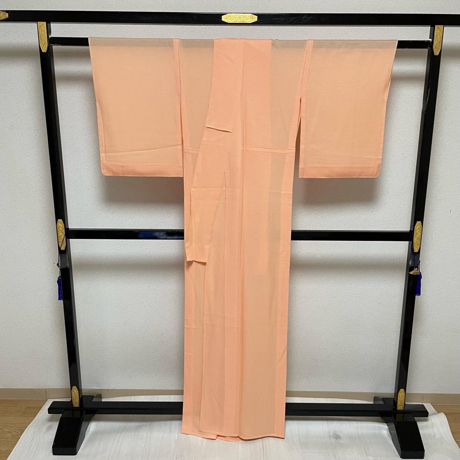 夏着物 絽ちりめん 色無地 可愛いオレンジ 着物 正絹 一つ紋 X-3267