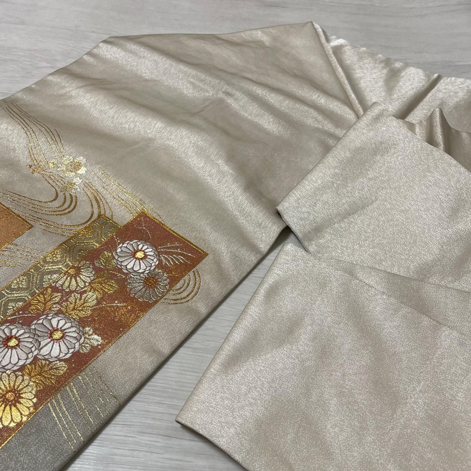 名古屋帯 刺繍 金銀糸 美しい菊 流水模様 九寸 正絹 着物 X-3281