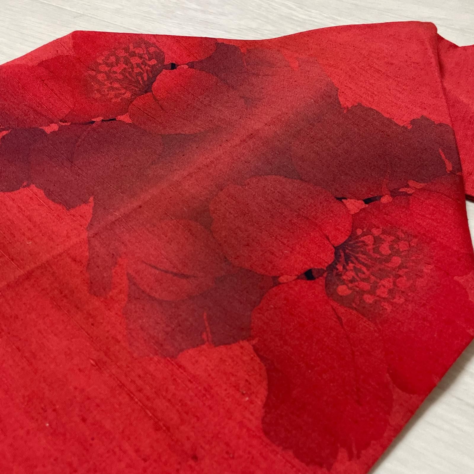 名古屋帯 紬 上品な花模様の染め 九寸 正絹 着物 X-3282