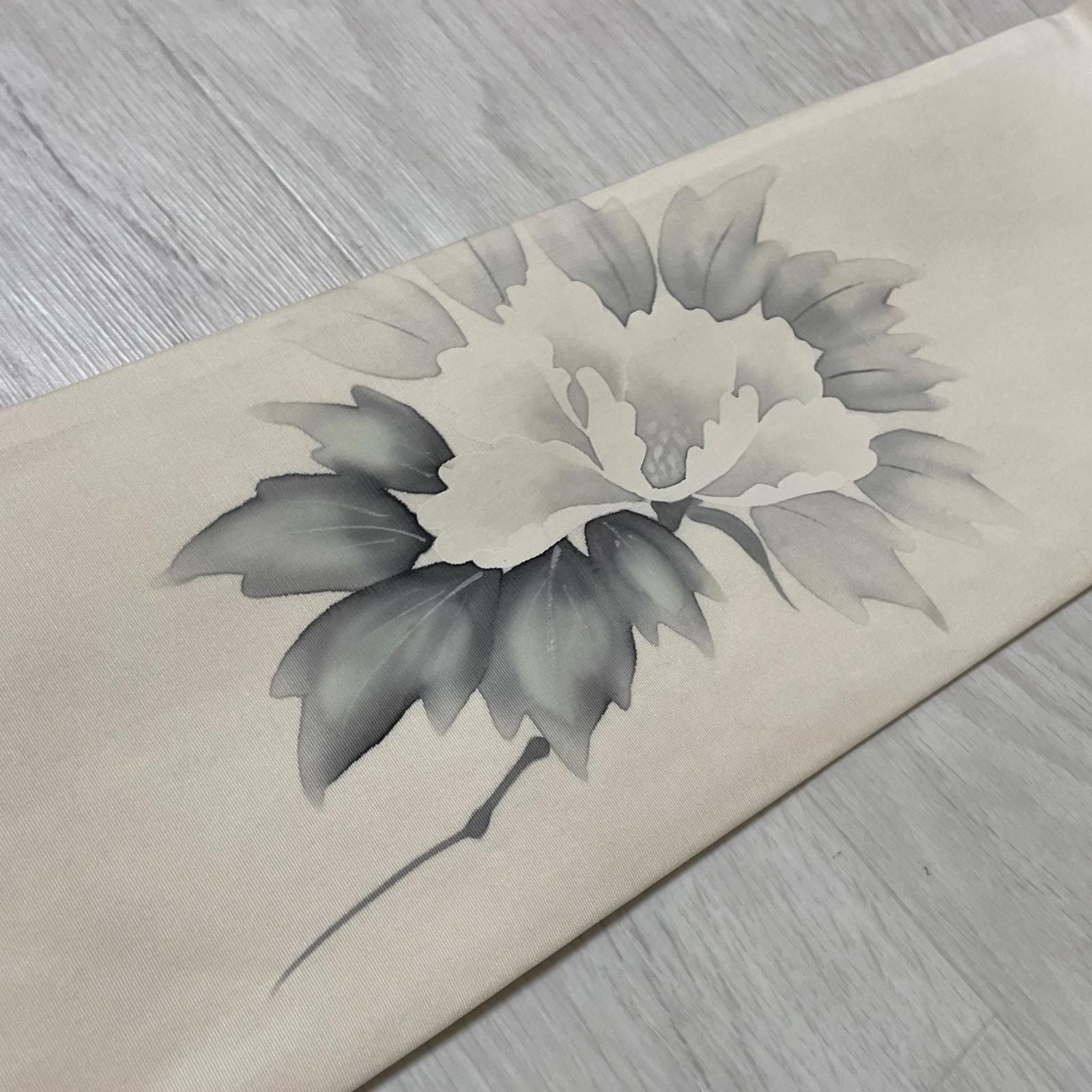 作家物 名古屋帯 塩瀬 墨書きの花模様 九寸 正絹 着物 X-3285
