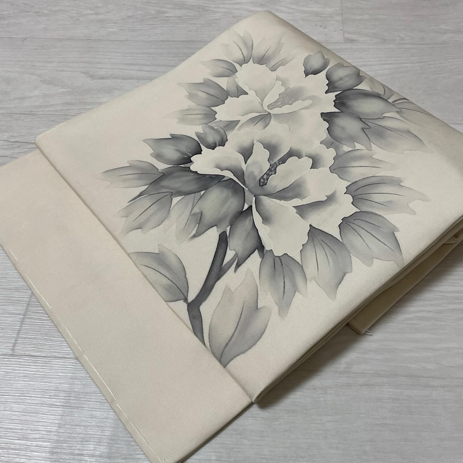 作家物 名古屋帯 塩瀬 墨書きの花模様 九寸 正絹 着物 X-3285