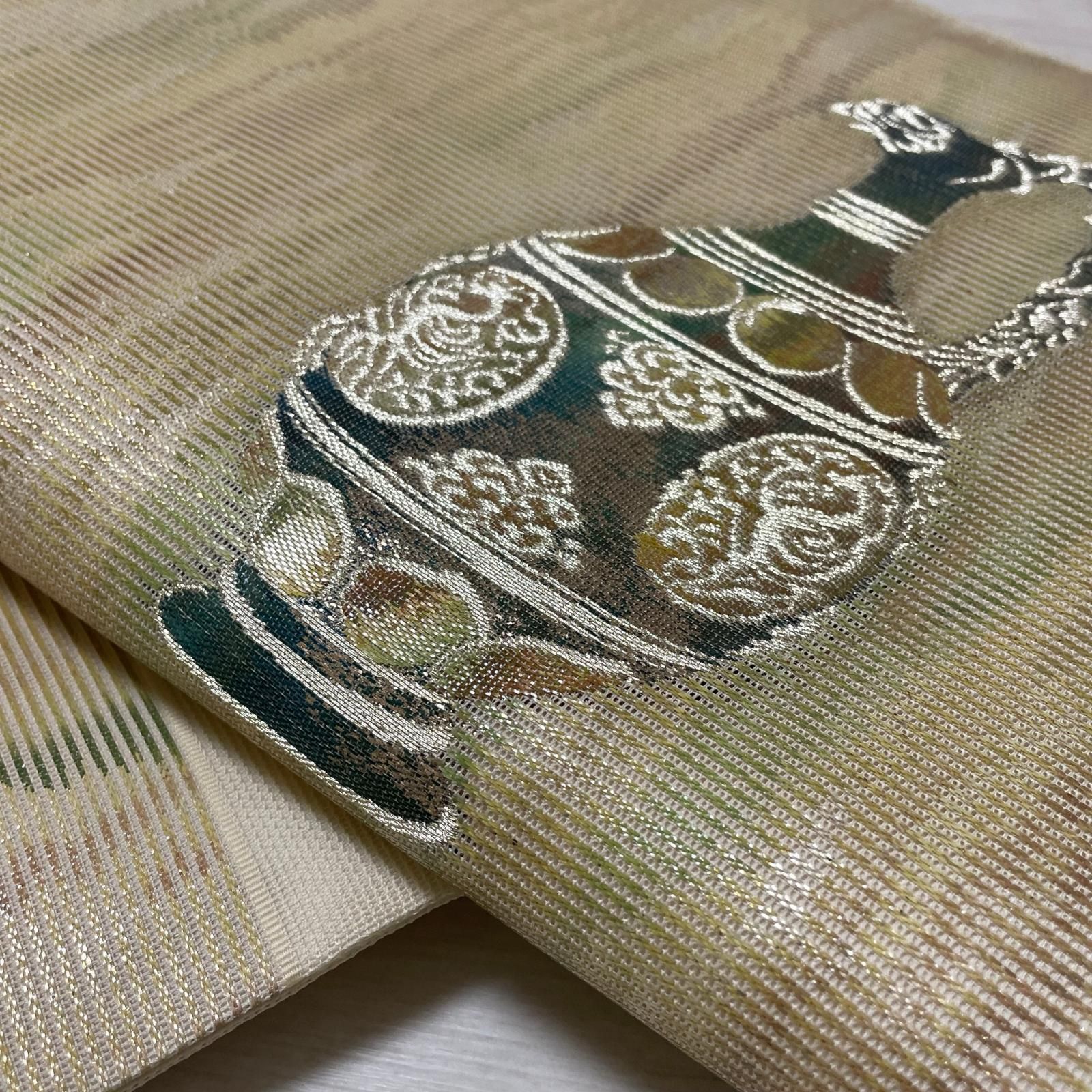 名古屋帯 絽綴れ 壺の織出し 九寸 正絹 着物 X-3287