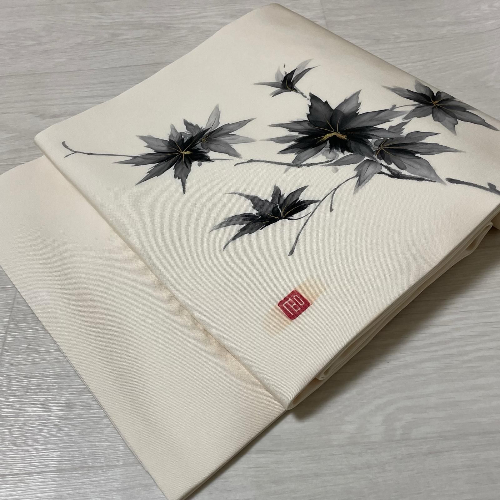 作家物 名古屋帯 塩瀬 墨書きの上品な花模様 九寸 正絹 着物 X-3303