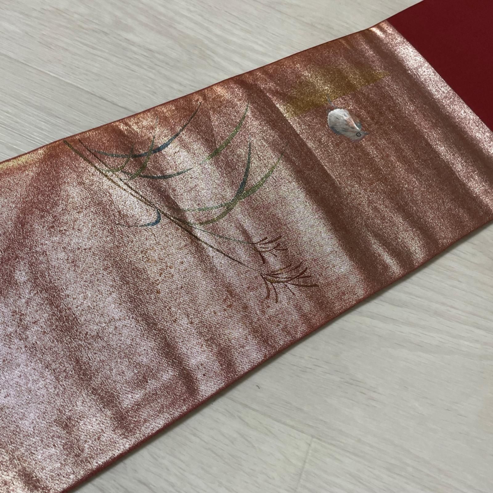 名古屋帯 引き箔 鳥の刺繍 九寸 正絹 着物 X-3306 名古屋帯 引き箔 鳥の刺繍 九寸 正絹 着物 X-3306